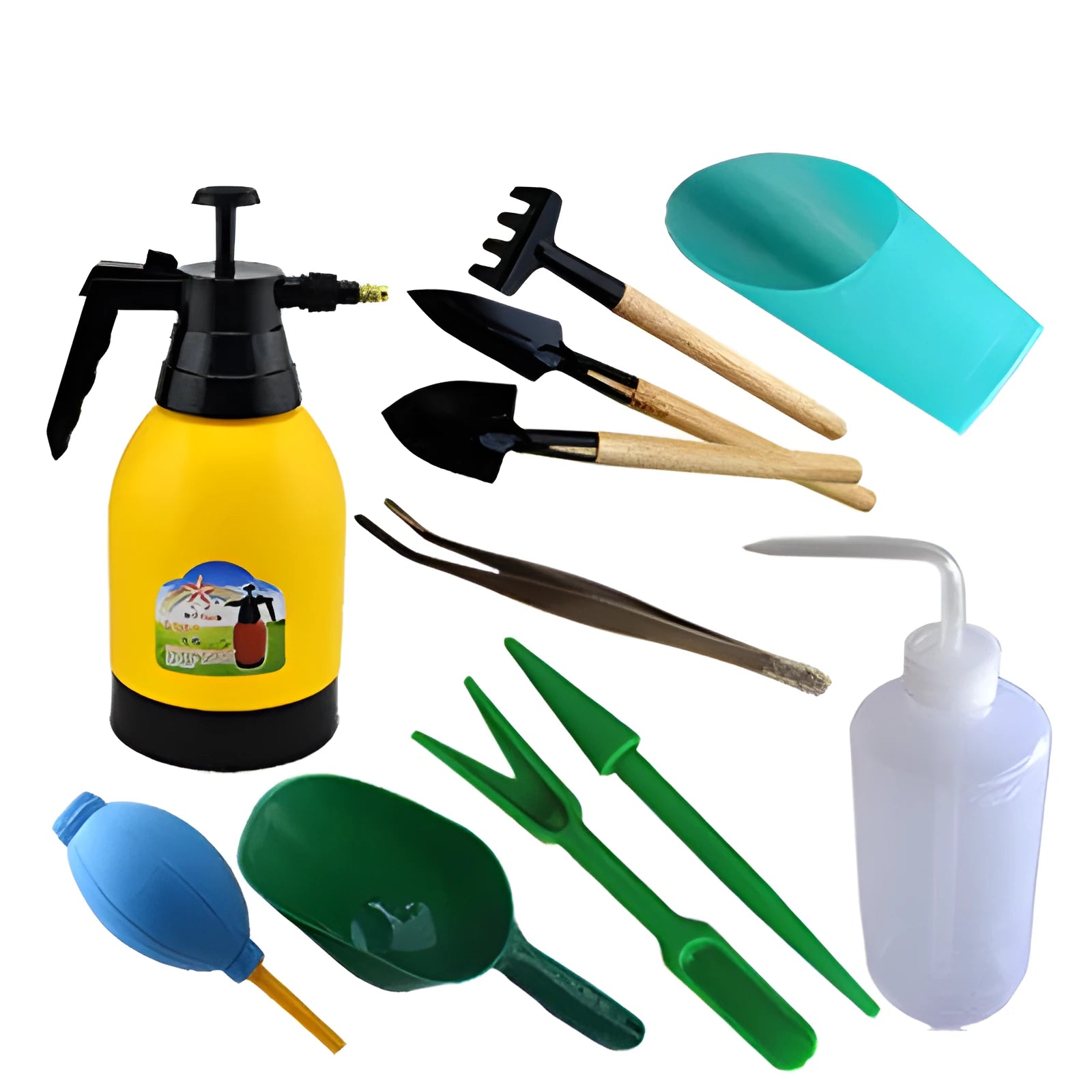 Succulent gardening tools set with tweezers, mini rake, spray bottle and blue orange seedling cloth on white background
