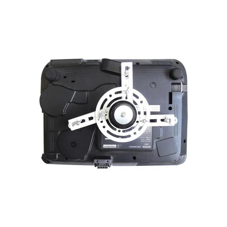 Projector electric lifting hanger with ultra-thin metal chassis and wireless remote control on a white background.