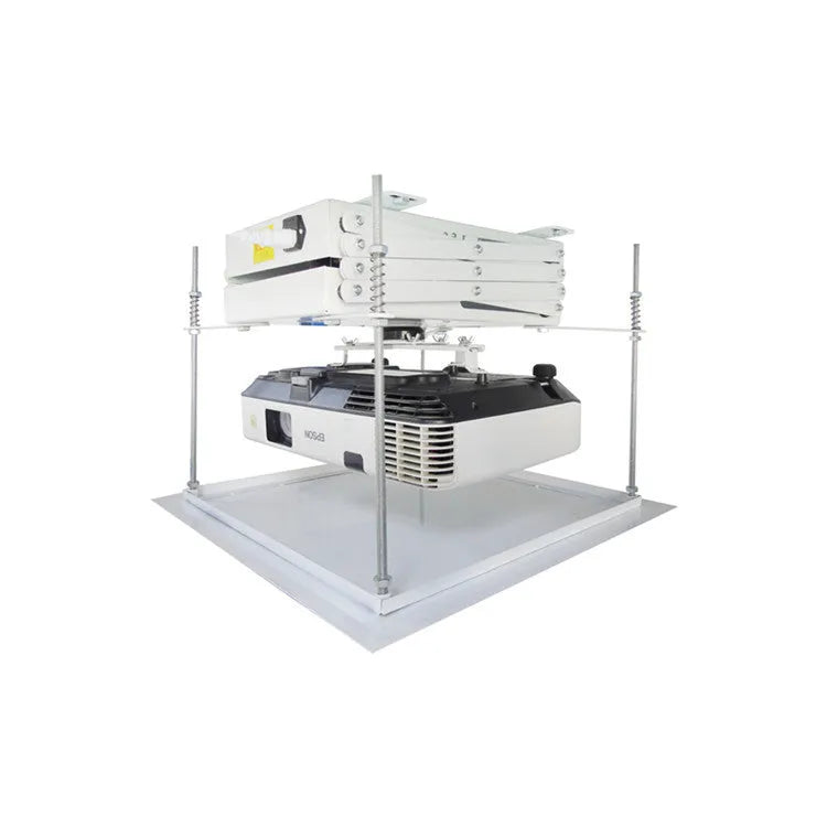 Projector electric lifting hanger with ultra-thin metal chassis and wireless remote control on a white background.