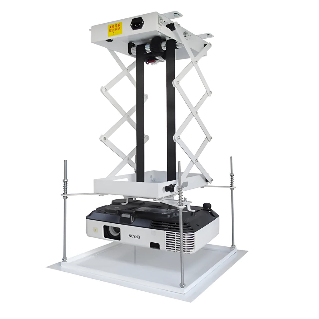 Projector electric lifting hanger with ultra-thin metal chassis and wireless remote control on a white background.