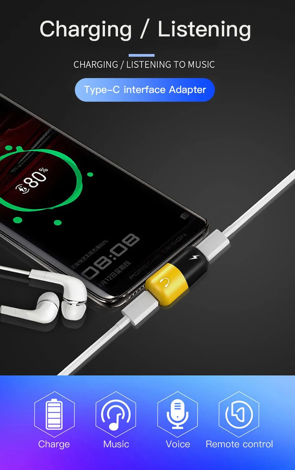 Blue Huawei phone charging adapter with 3.5mm audio splitter showing 30mm by 12mm dimensions