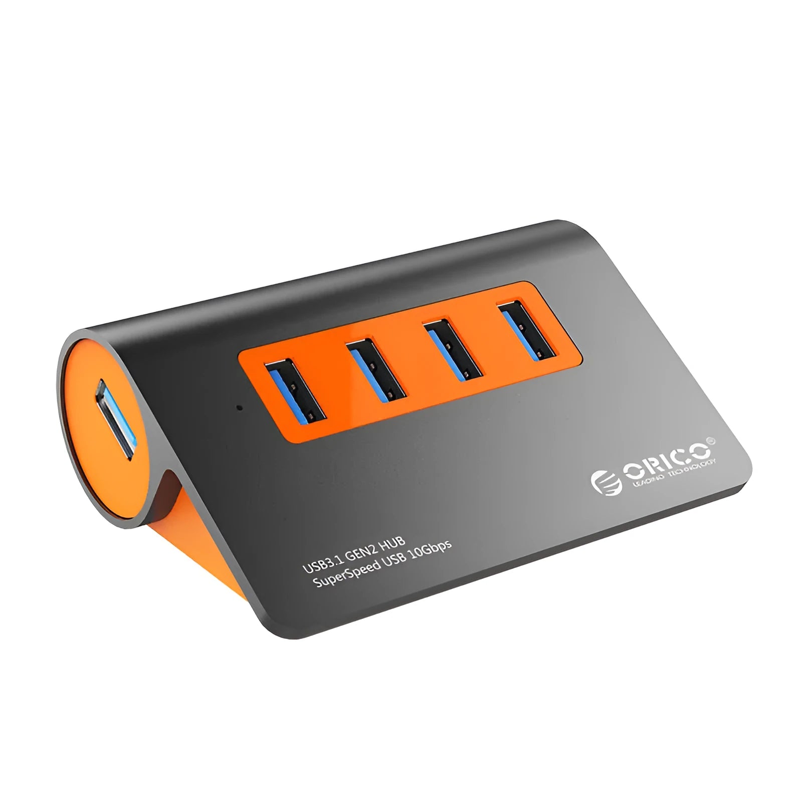 Dark grey USB-C laptop hub with four orange-accented USB 3.1 ports and separate data cable