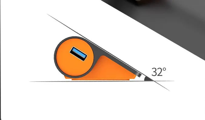 Dark grey USB-C laptop hub with four orange-accented USB 3.1 ports and separate data cable
