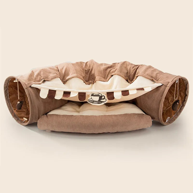 Collapsible cloth cat tunnel toy in choice of colours, shown folded and unfolded