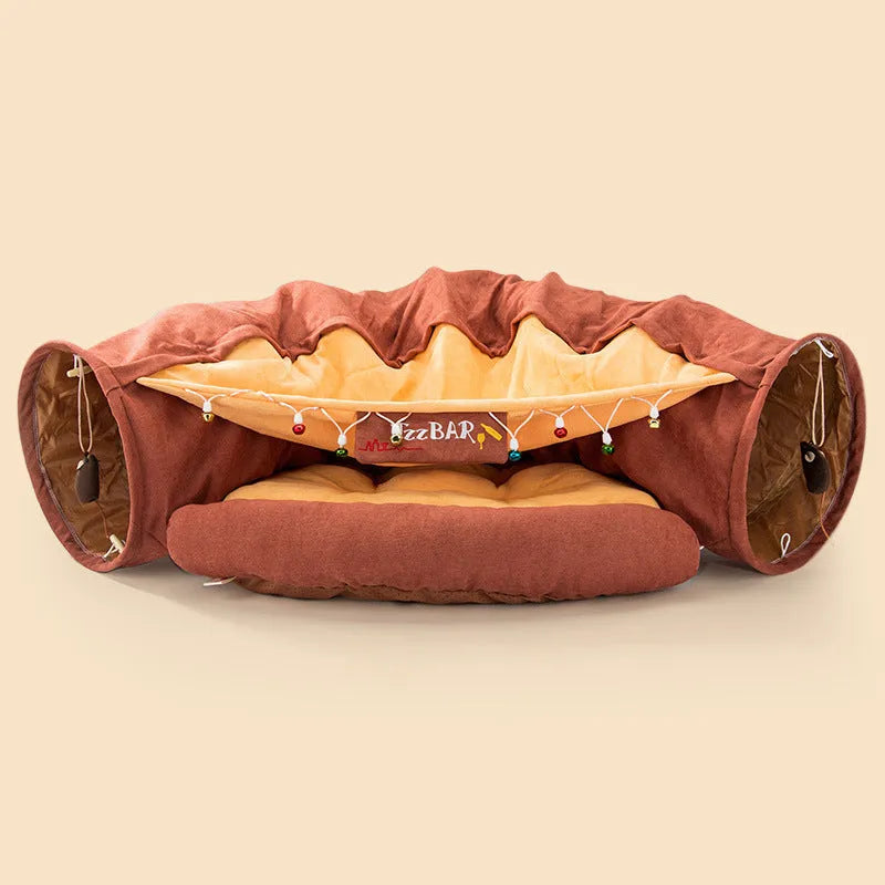 Collapsible cloth cat tunnel toy in choice of colours, shown folded and unfolded