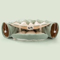 Collapsible cloth cat tunnel toy in choice of colours, shown folded and unfolded