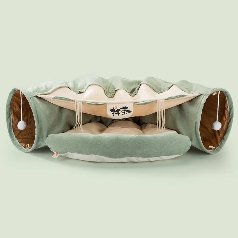 Collapsible cloth cat tunnel toy in choice of colours, shown folded and unfolded