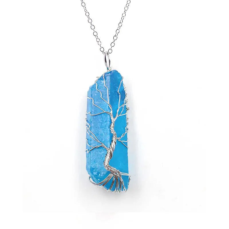 Dyed natural white crystal column tree of life pendant necklace with irregular stone on O-chain