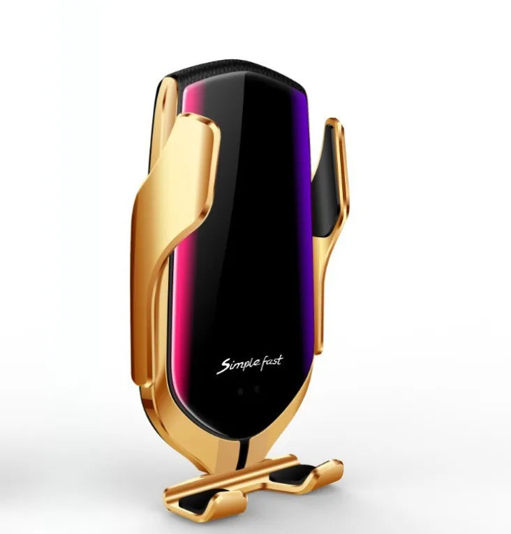 Magic Clip R1 automatic wireless charging car phone holder in gold colour on dashboard