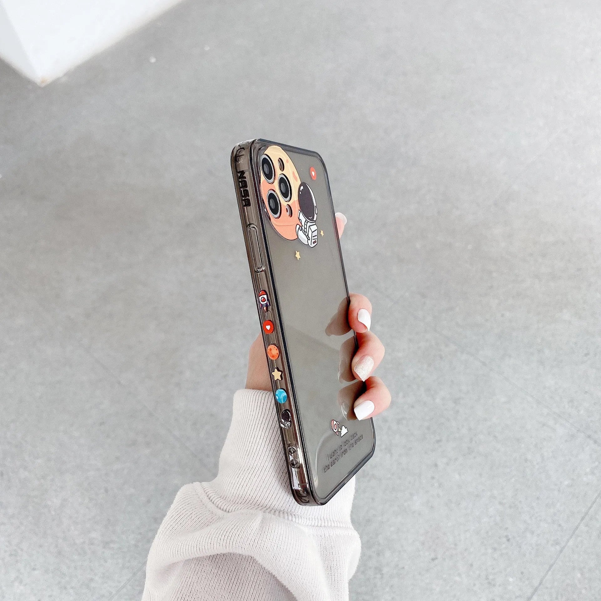 TPU phone case with cartoon astronaut and graffiti print for iPhone back cover in grey