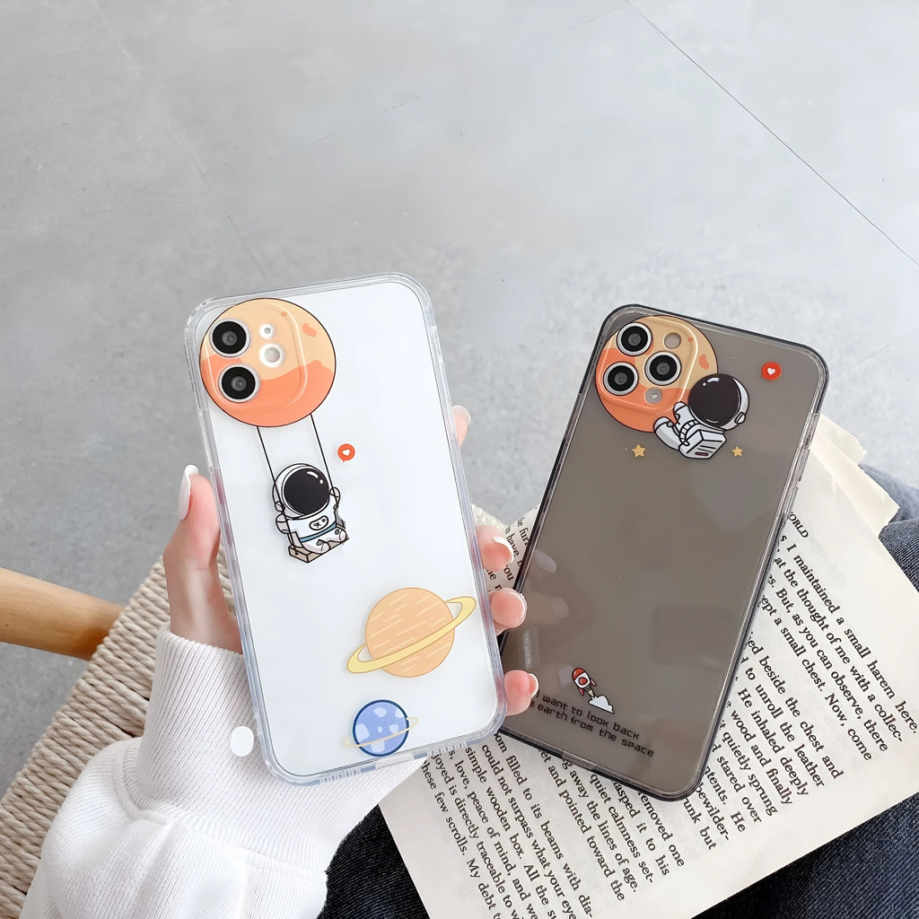 TPU phone case with cartoon astronaut and graffiti print for iPhone back cover in grey