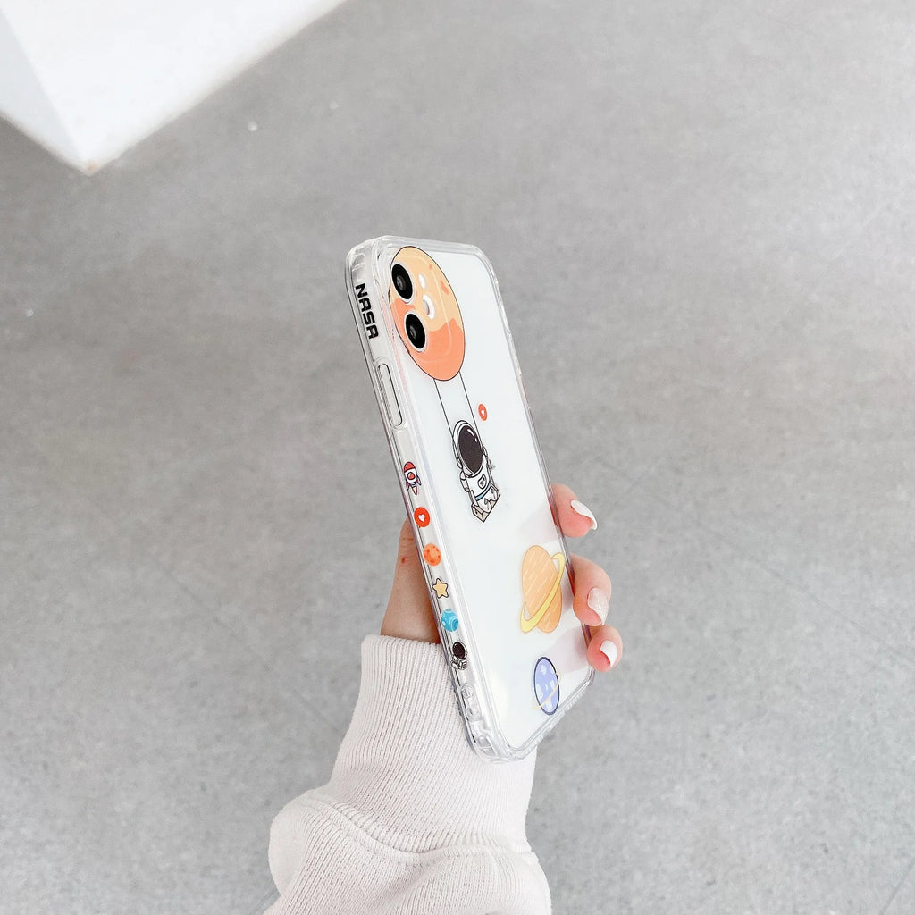 TPU phone case with cartoon astronaut and graffiti print for iPhone back cover in grey