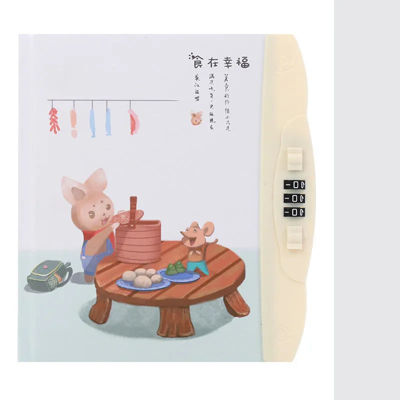 Children's lockable diary notebook with colourful cartoon cover, shown with key securing it.