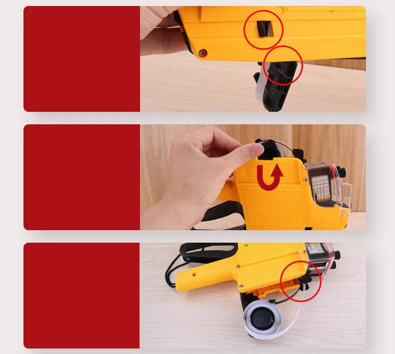 Manual pricing machine for bottle labelling in blue, red, or yellow colours