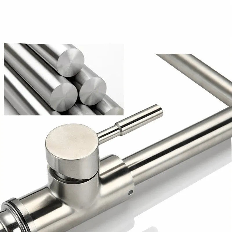 Silver stainless steel kitchen sink mixer tap with dual handles and 360-degree rotating spout