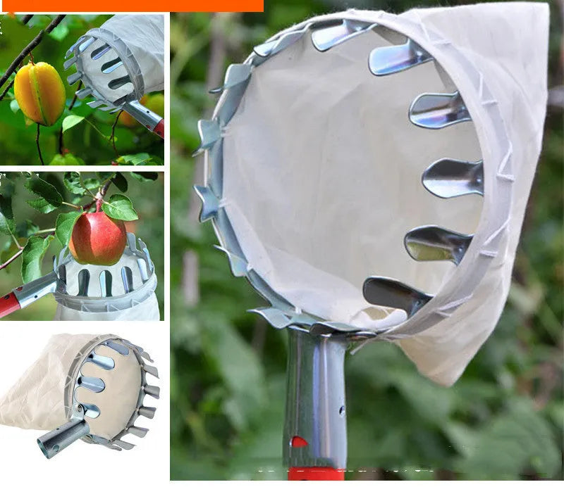 Steel frame fruit picker basket with cloth bag catcher for garden harvesting