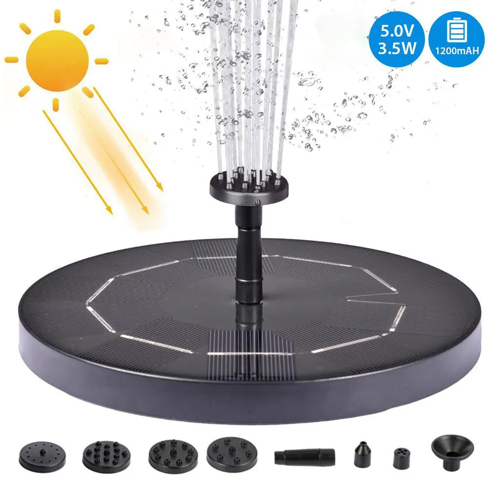 Black solar panel fountain pump with multiple nozzles for garden ponds and birdbaths.