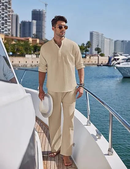 Men's casual cotton trousers suit set in solid colour with long sleeve top