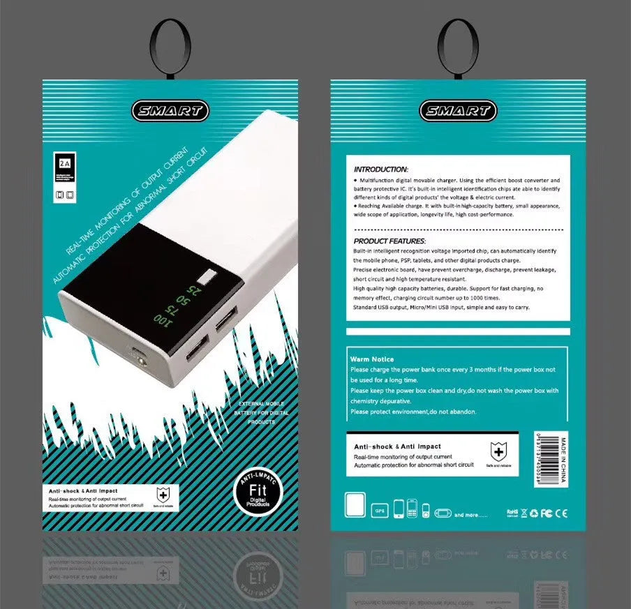 Black customised 20000mAh portable power bank with charging cable