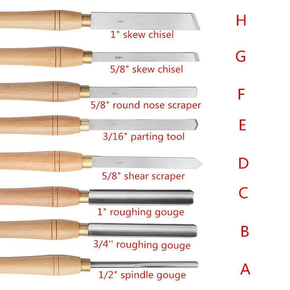 8 chrome vanadium steel woodturning tools laid out in a wooden presentation box.