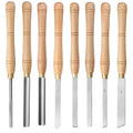 8 chrome vanadium steel woodturning tools laid out in a wooden presentation box.