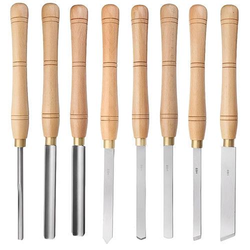 8 chrome vanadium steel woodturning tools laid out in a wooden presentation box.