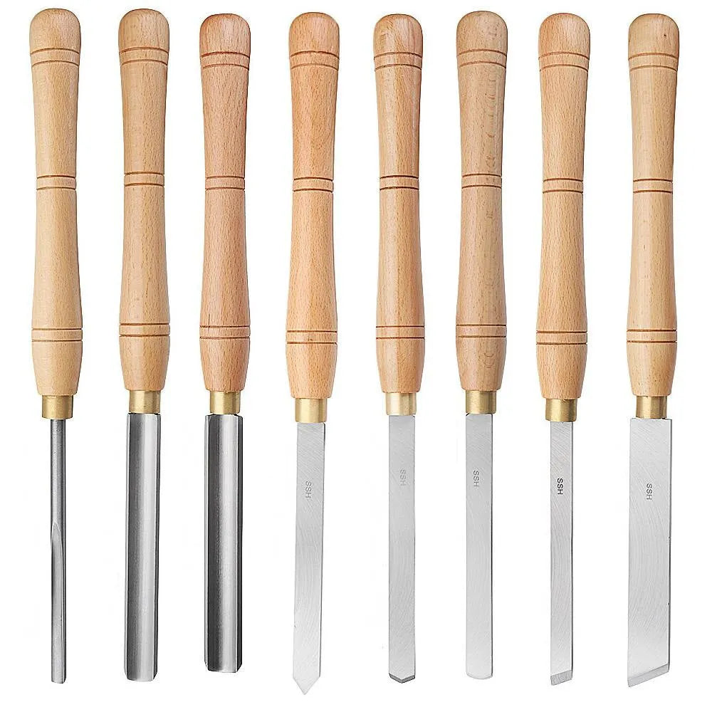 8 chrome vanadium steel woodturning tools laid out in a wooden presentation box.