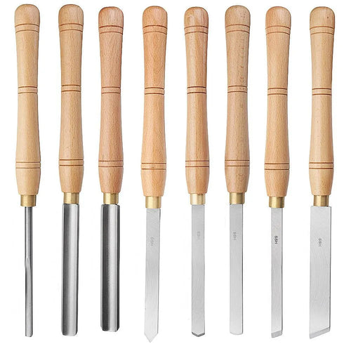 8 chrome vanadium steel woodturning tools laid out in a wooden presentation box.
