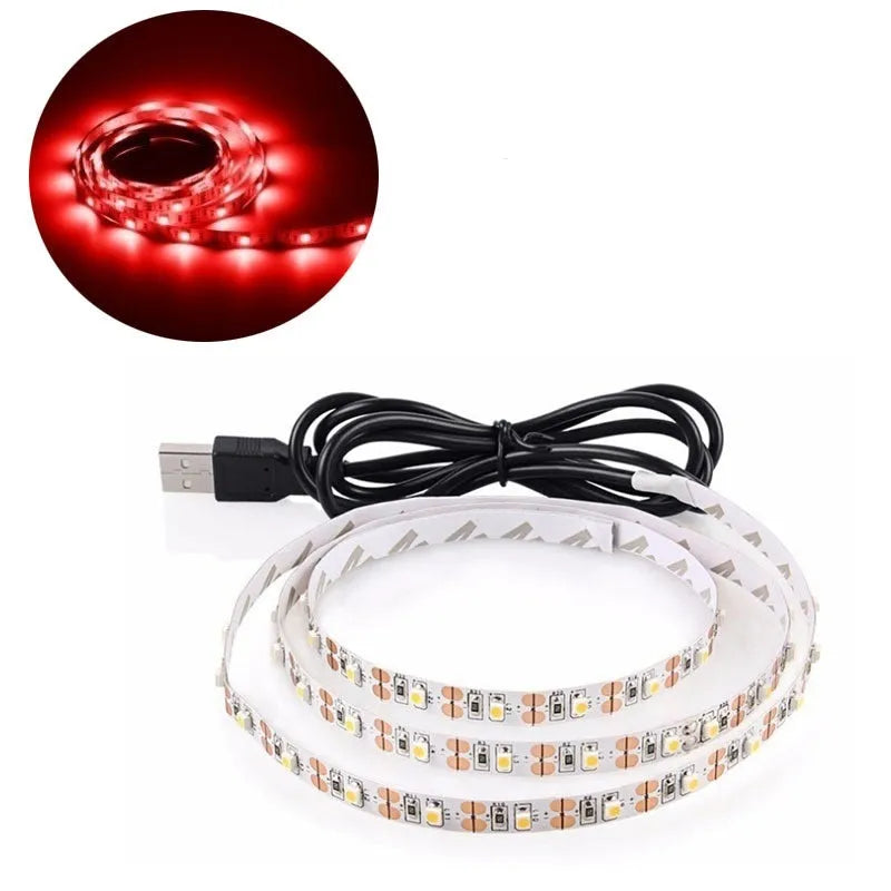 One-metre long flexible USB LED light strip with multiple colour options including white, blue, and red