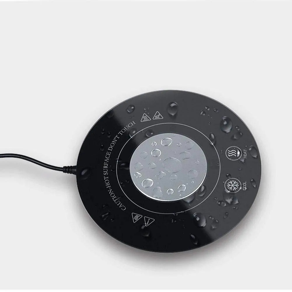 Black USB-powered hot and cold beverage coaster with tempered glass top for temperature control