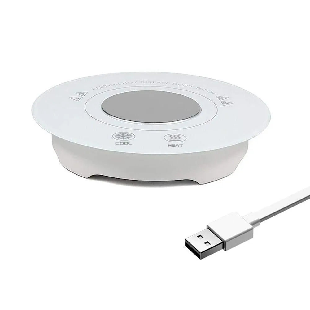 Black USB-powered hot and cold beverage coaster with tempered glass top for temperature control
