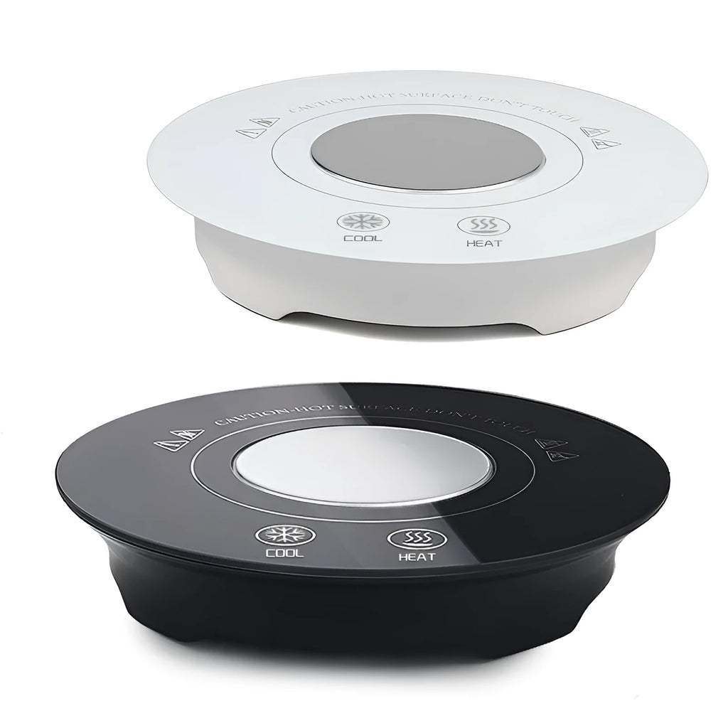 Black USB-powered hot and cold beverage coaster with tempered glass top for temperature control