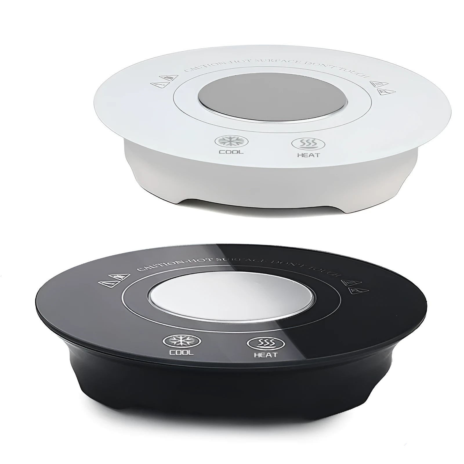 Black USB-powered hot and cold beverage coaster with tempered glass top for temperature control