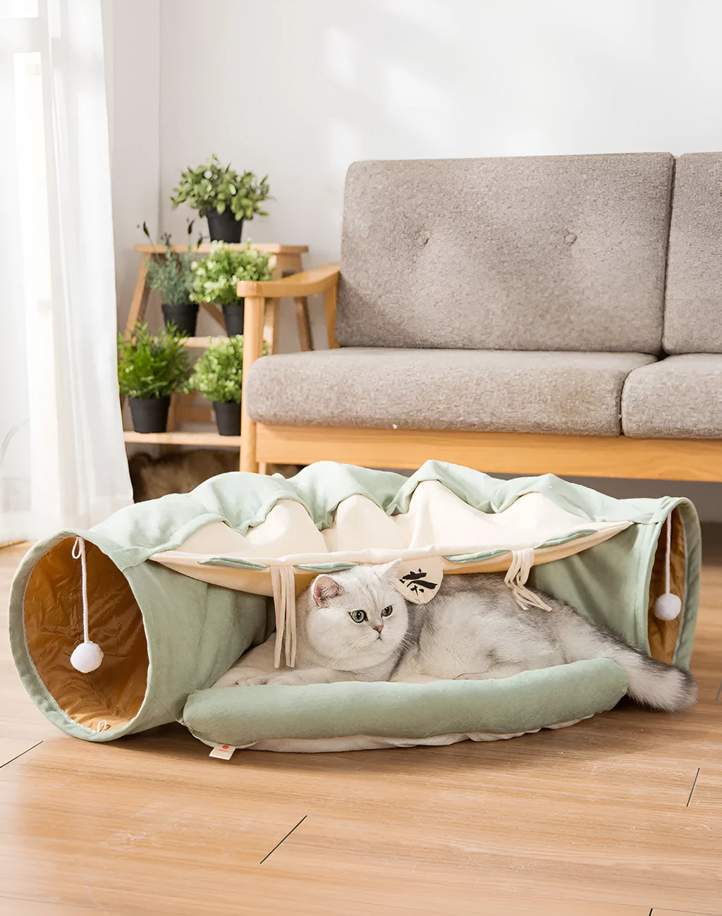 Collapsible cloth cat tunnel toy in choice of colours, shown folded and unfolded