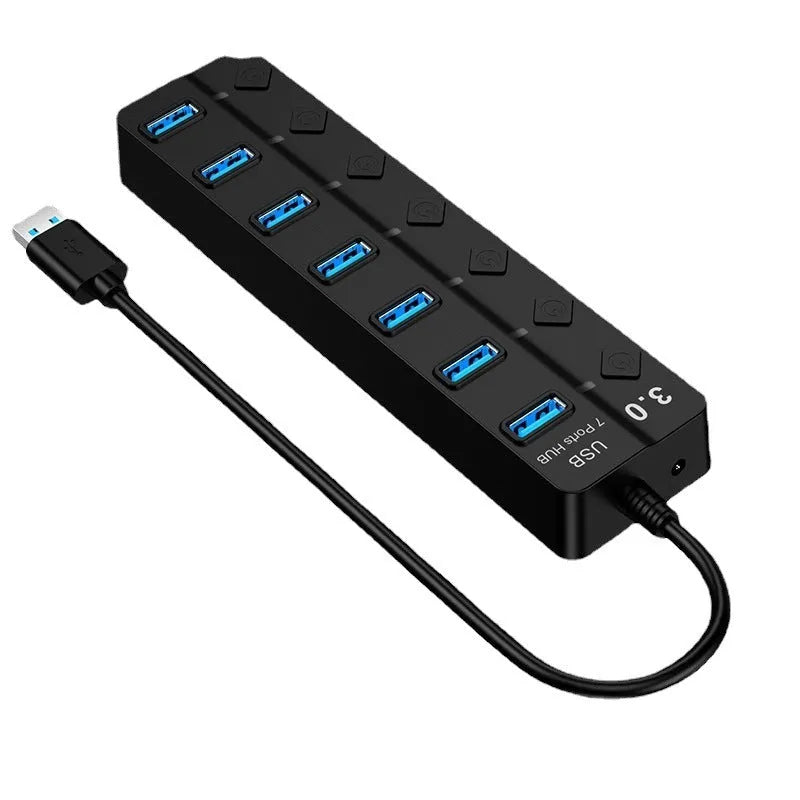Black USB 3.0 hub with seven ports and external power adapter