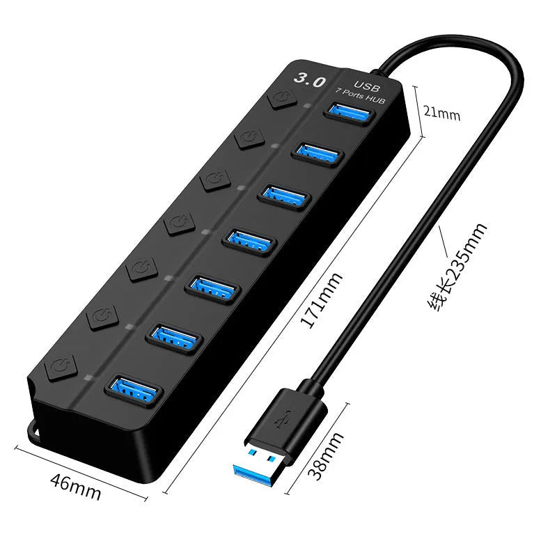 Black USB 3.0 hub with seven ports and external power adapter