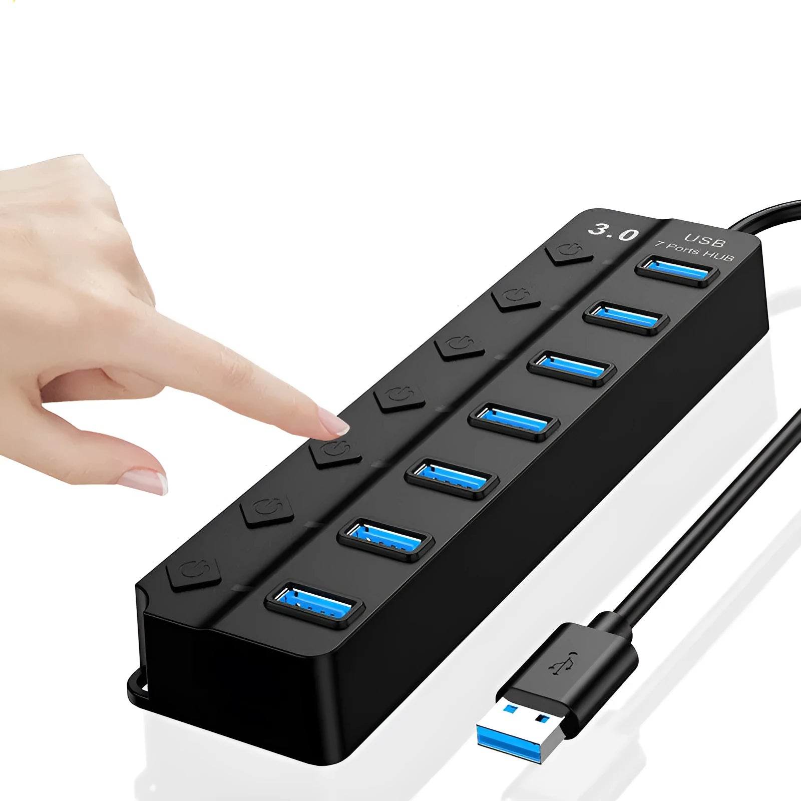 Black USB 3.0 hub with seven ports and external power adapter