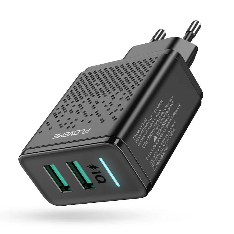 Black and white dual USB port wall charger with EU standard plug