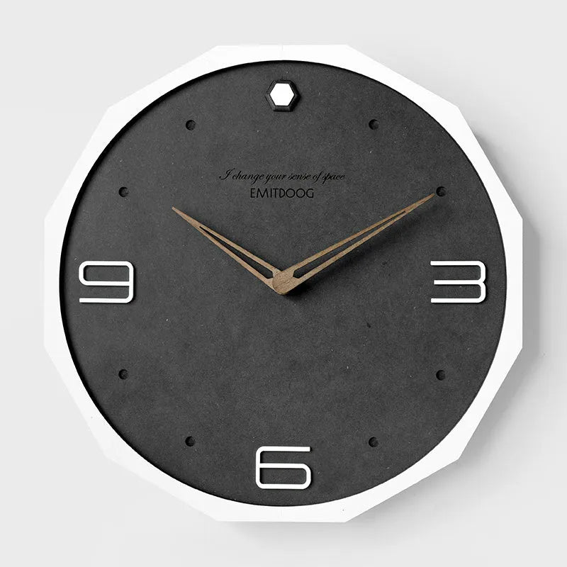 12 inch round Nordic minimalist wall clock in walnut ash colour on white wall