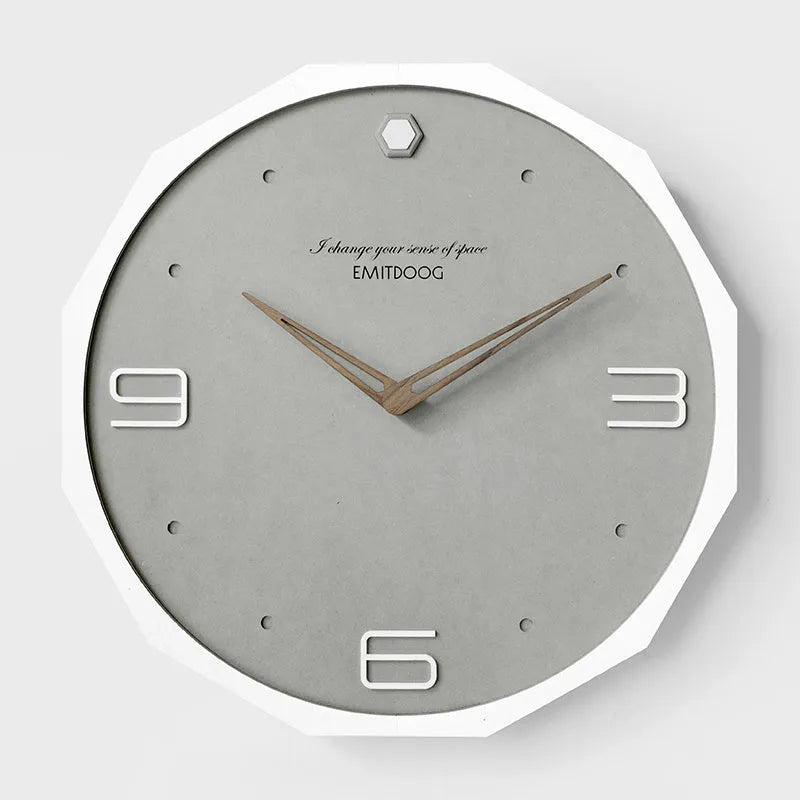 12 inch round Nordic minimalist wall clock in walnut ash colour on white wall