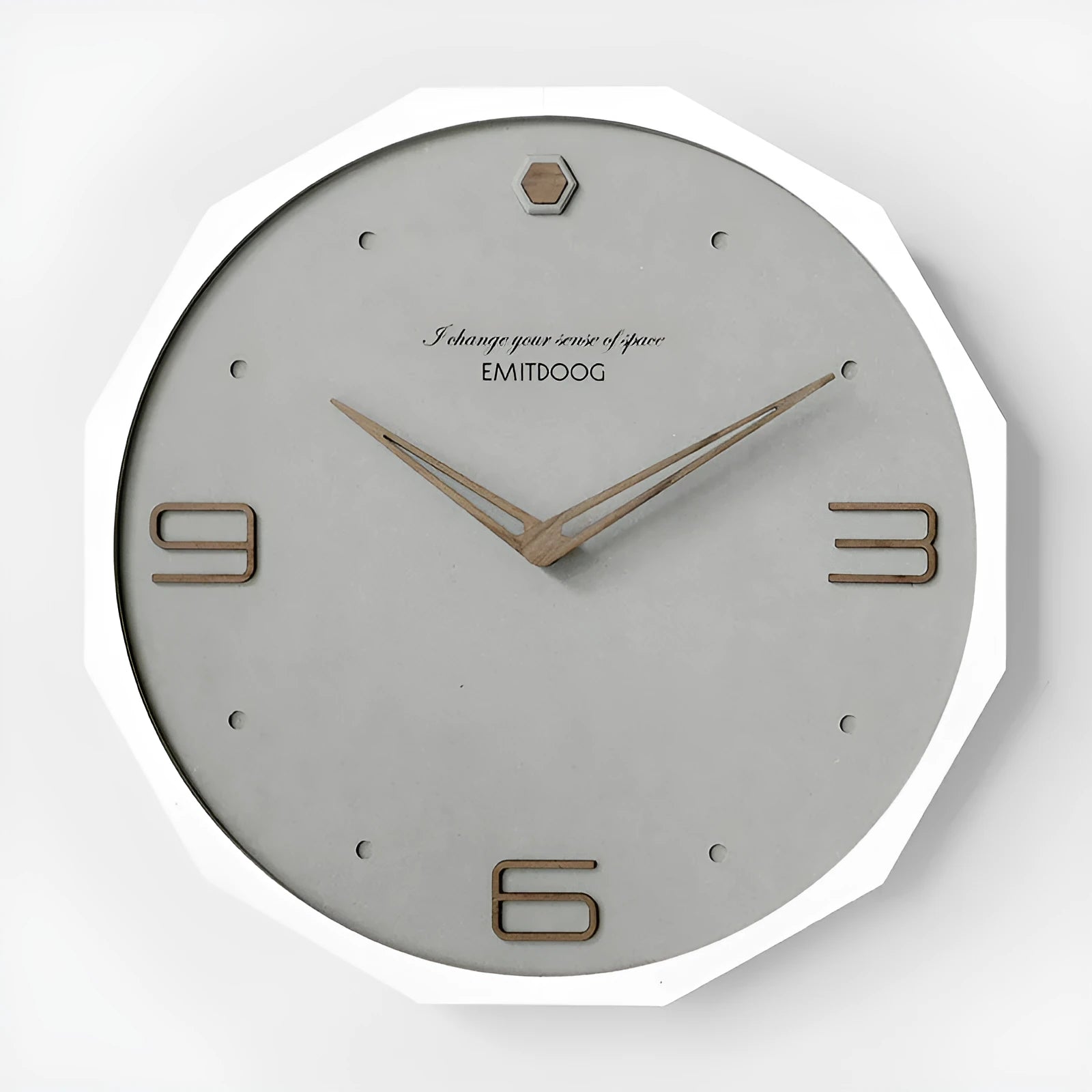 12 inch round Nordic minimalist wall clock in walnut ash colour on white wall