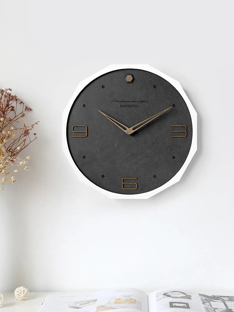 12 inch round Nordic minimalist wall clock in walnut ash colour on white wall