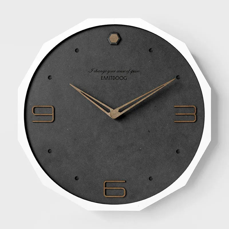 12 inch round Nordic minimalist wall clock in walnut ash colour on white wall