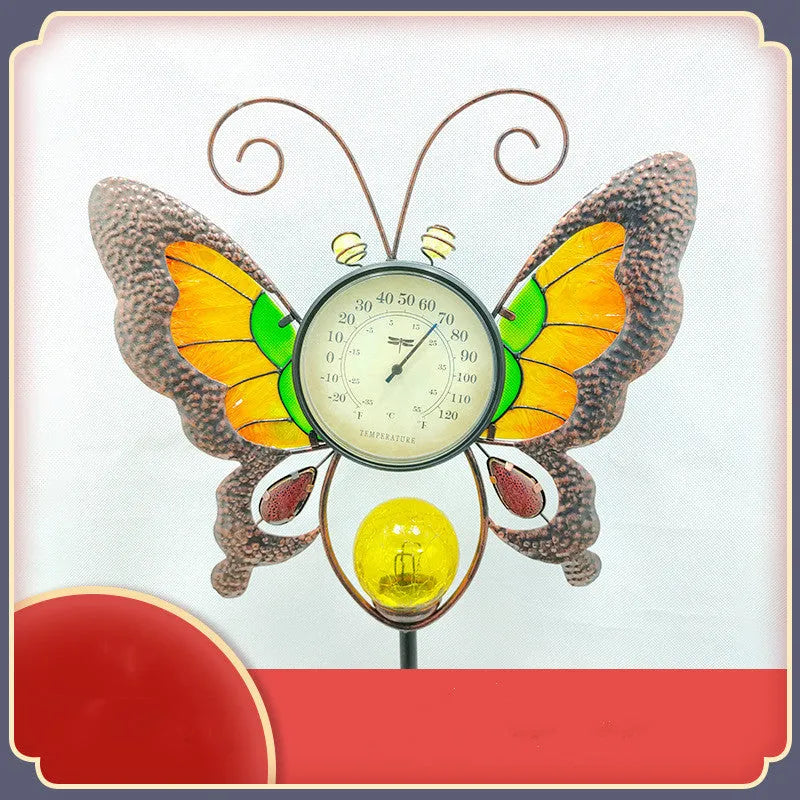 Solar thermometer garden stake with butterfly design and temperature dial, 30x6x110 cm
