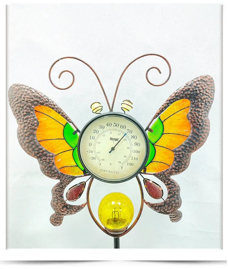 Solar thermometer garden stake with butterfly design and temperature dial, 30x6x110 cm
