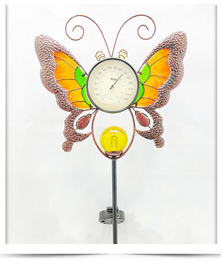 Solar thermometer garden stake with butterfly design and temperature dial, 30x6x110 cm