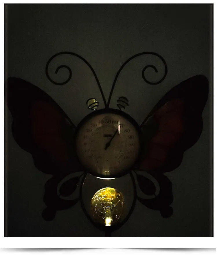 Solar thermometer garden stake with butterfly design and temperature dial, 30x6x110 cm