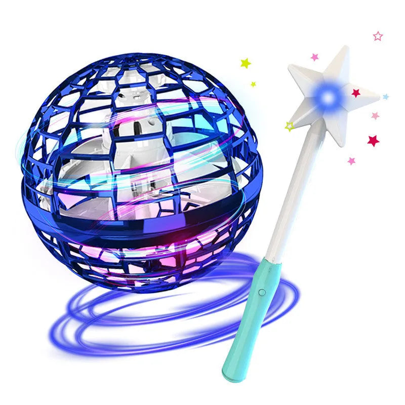 Blue LED spinning flying ball toy and magic wand set on a neutral background.
