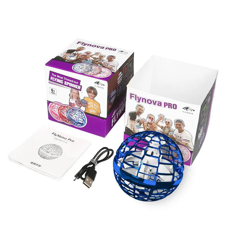 Blue LED spinning flying ball toy and magic wand set on a neutral background.