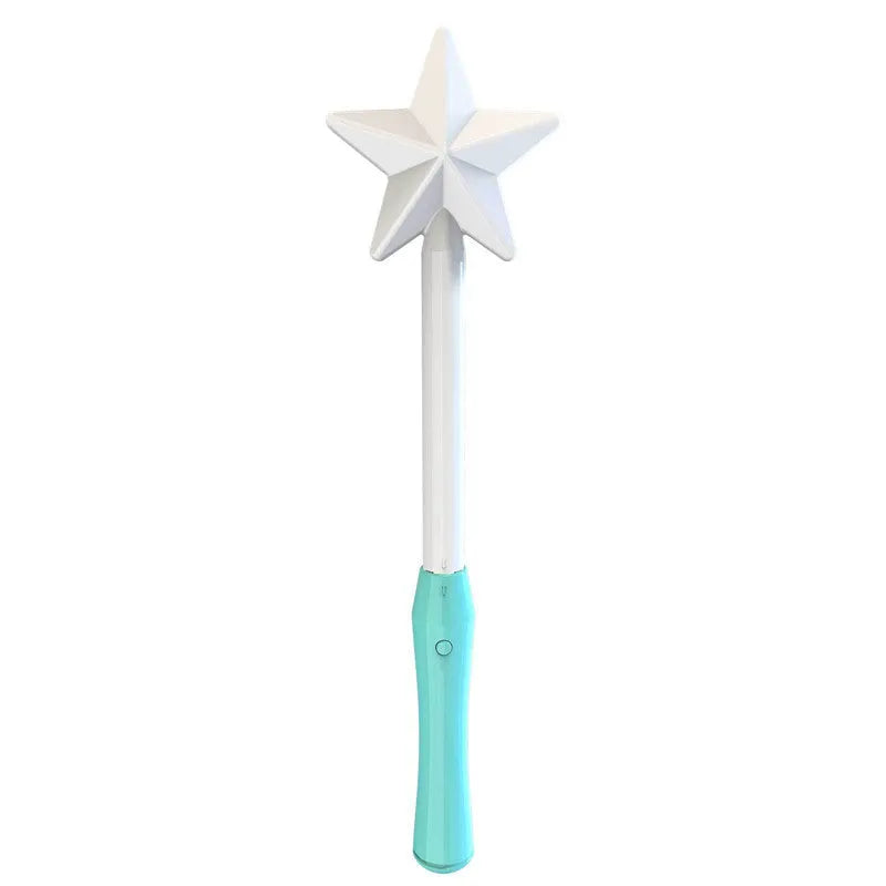 Blue LED spinning flying ball toy and magic wand set on a neutral background.